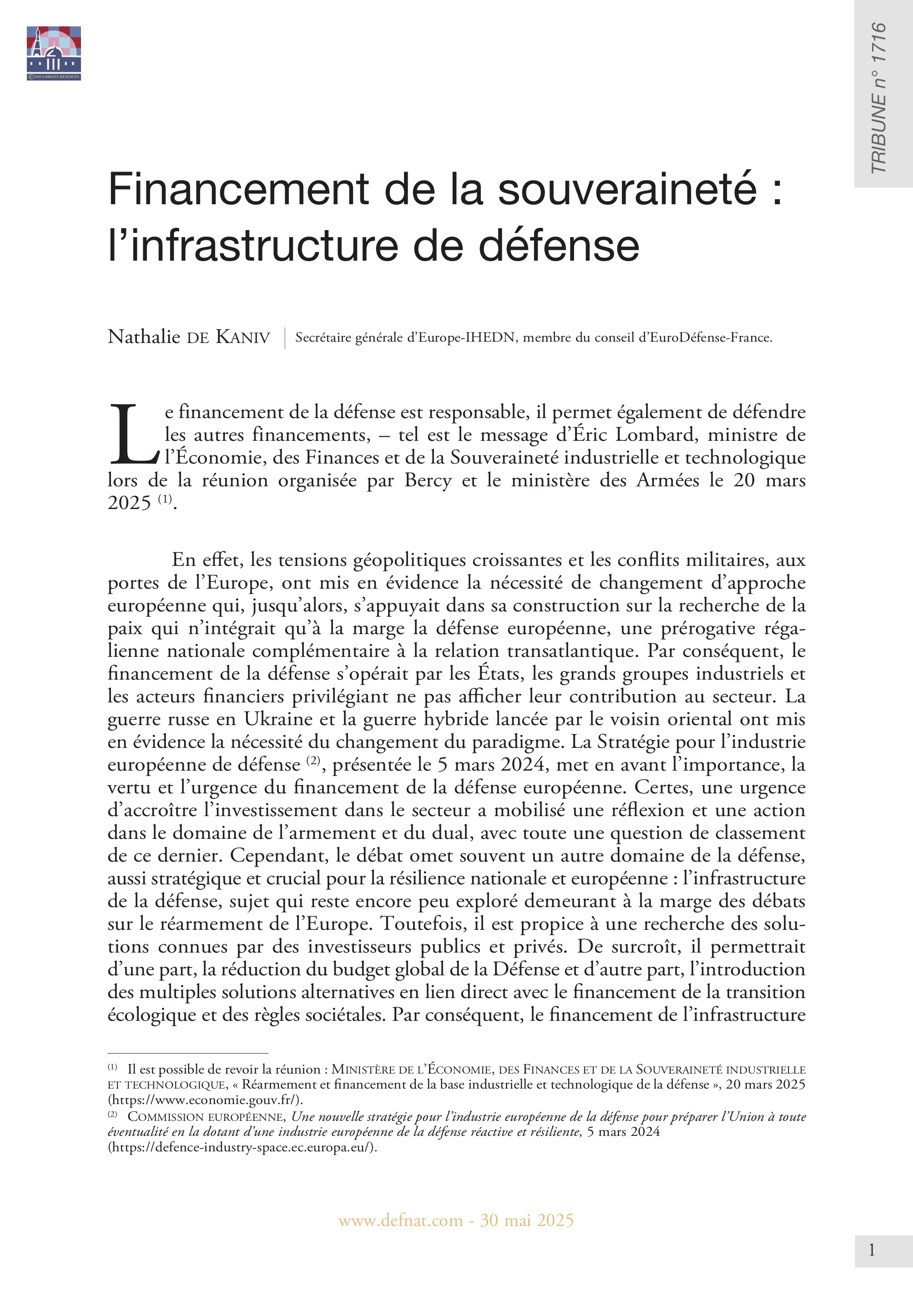Financement de la souveraineté : l’infrastructure de défense (T 1716)
